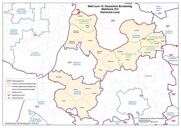 Karte des Wahlkreis 272 Karlsruhe-Land